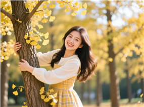 秋天治愈系树林美女写真图片